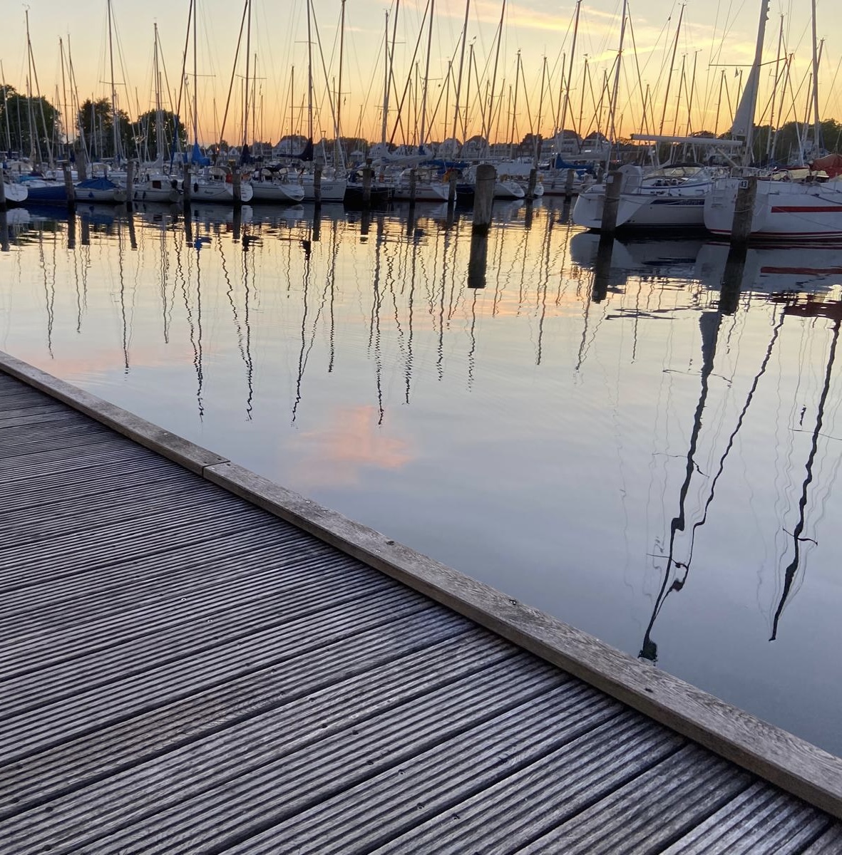 Segelboote im Hafen von Travemünde im Sonnenuntergang